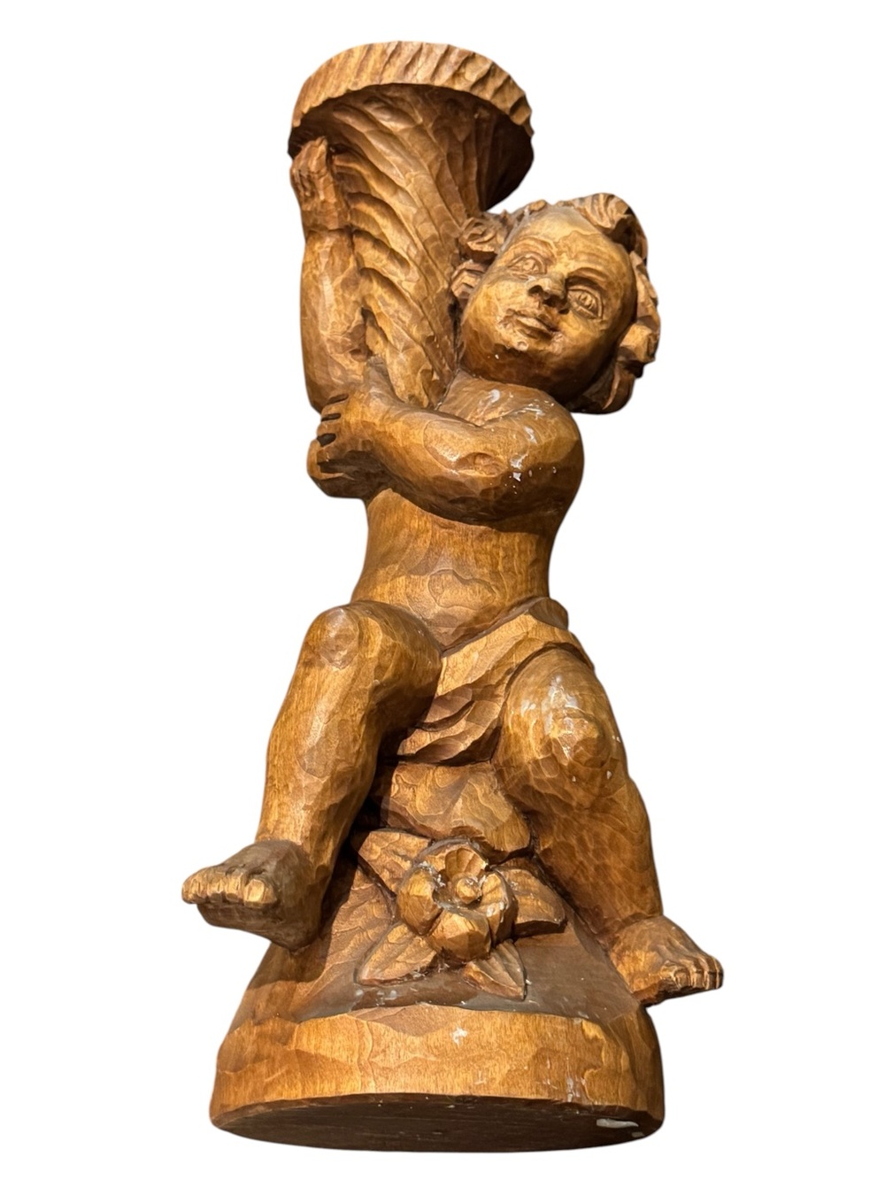 Vintage Large Hand-Carved Italy Wood Cherub Sculpture Candle Holder Pucci